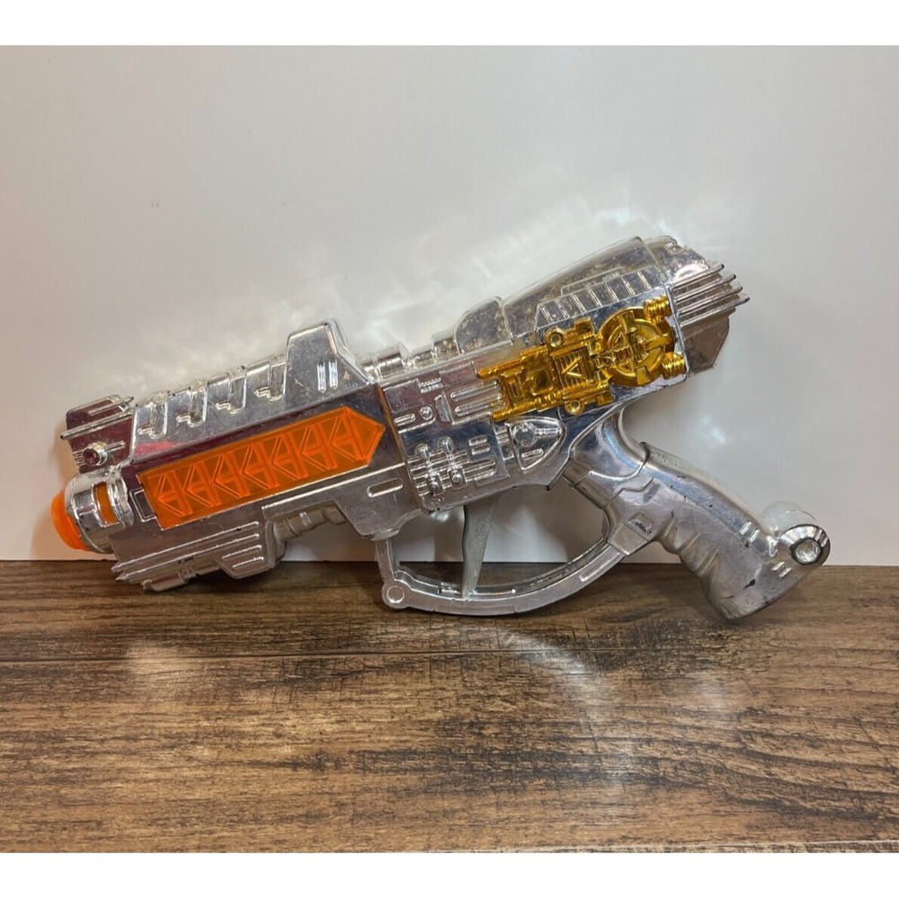Vintage 1996 Chap Mei Toy Pistol Gun 9" Silver Gold Orange Tip Sounds Laser